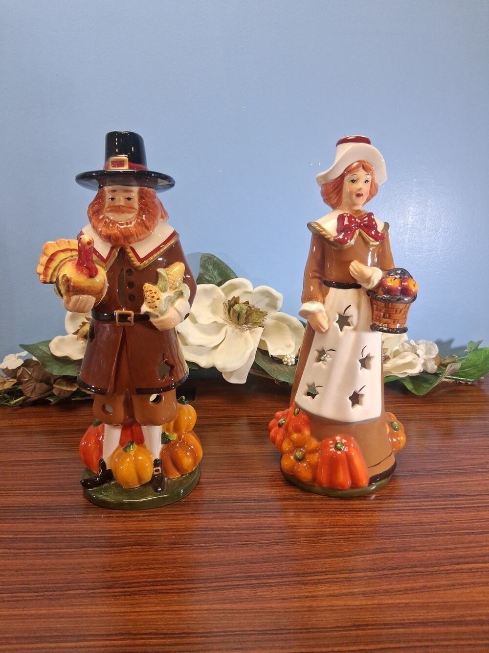 Vintage Home Interior Thanksgiving Pilgrim Couple Harvest Candle Holders Fall